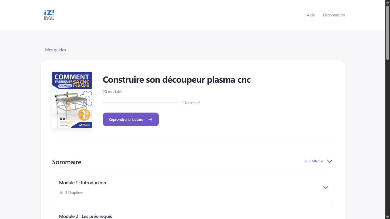 Aperçu de l’espace Izifac : guide plasma, progression et sommaire